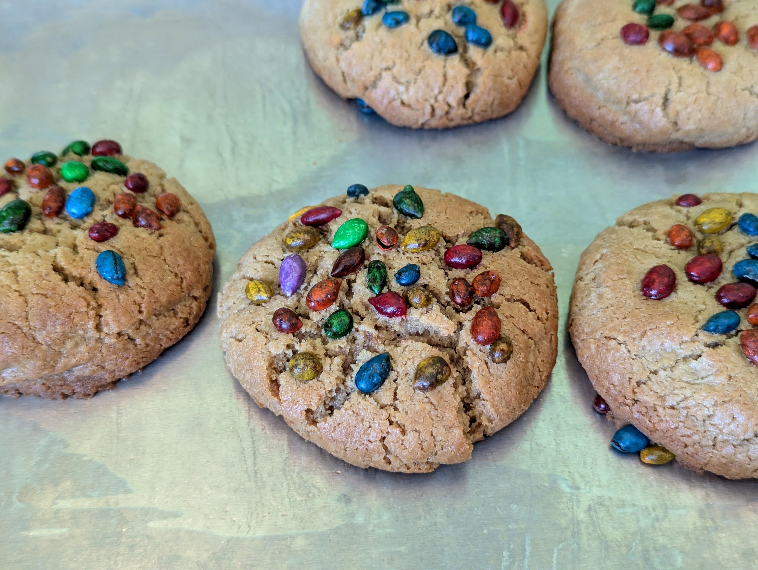 Photo of 5 sunflower butter cookies on a countertop. The cookies are a light brown and have rainbow colored chocolate sunflower seeds on top.